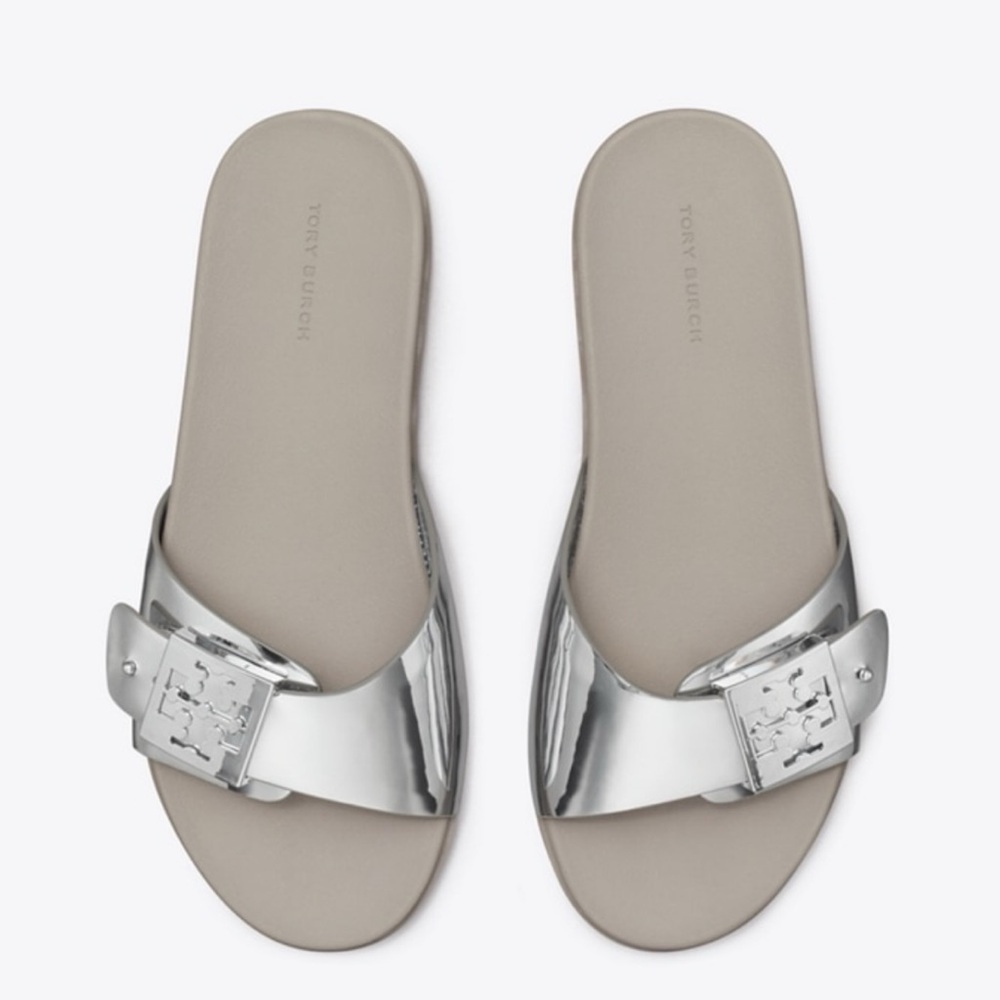 New in Box Tory Burch Metallic Silver Buckle Slide Sandal